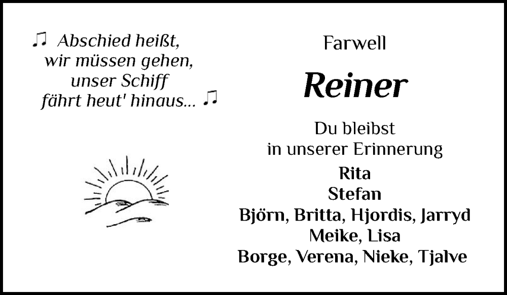  Traueranzeige für Reiner  vom 15.11.2025 aus Sylter Rundschau