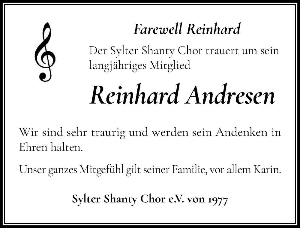  Traueranzeige für Reinhard Andresen vom 15.11.2025 aus Sylter Rundschau