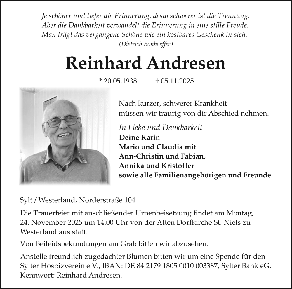  Traueranzeige für Reinhard Andresen vom 15.11.2025 aus Sylter Rundschau