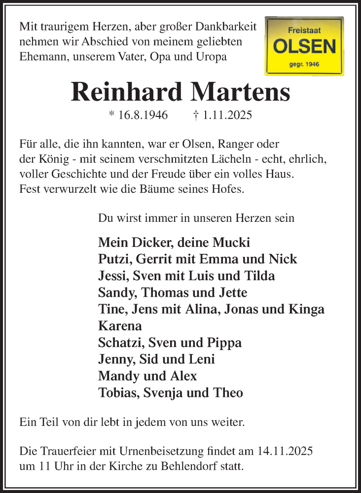  Traueranzeige für Reinhard Martens vom 08.11.2025 aus MARKT Ratzeburg/Mölln
