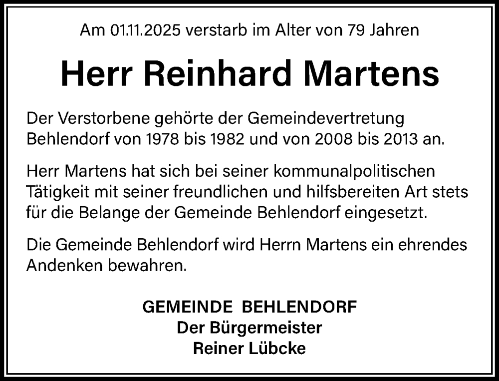  Traueranzeige für Reinhard Martens vom 08.11.2025 aus MARKT Ratzeburg/Mölln