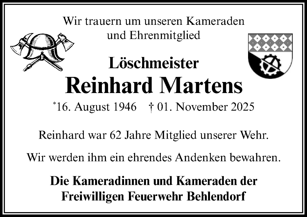  Traueranzeige für Reinhard Martens vom 08.11.2025 aus MARKT Ratzeburg/Mölln