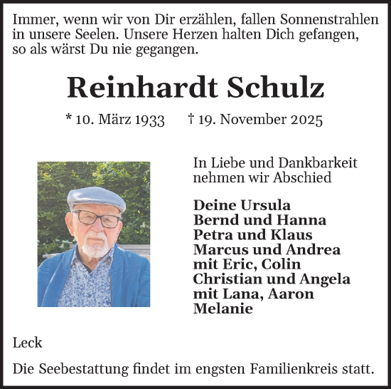 Traueranzeige von Reinhardt Schulz von Husumer Nachrichten, Nordfriesland Tageblatt