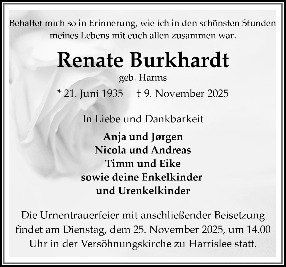  Traueranzeige für Renate Burkhardt vom 15.11.2025 aus Flensburger Tageblatt