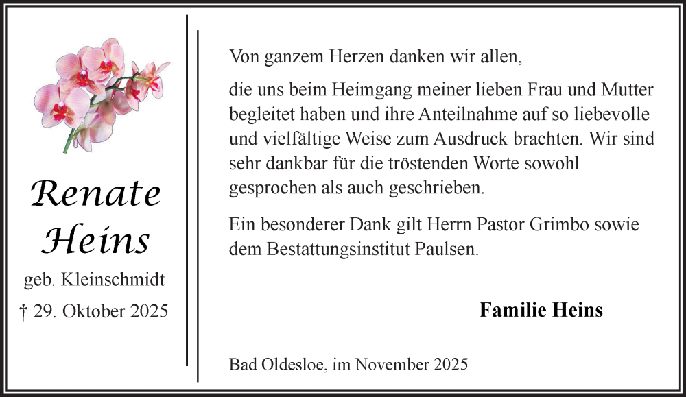  Traueranzeige für Renate Heins vom 22.11.2025 aus MARKT Bad Oldesloe/Reinfeld und Stormarner Tageblatt