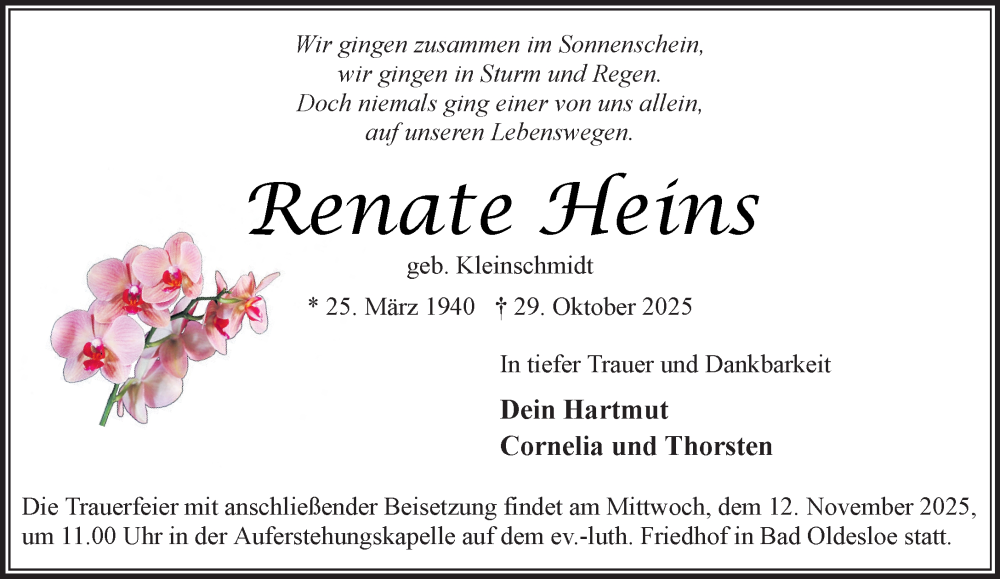  Traueranzeige für Renate Heins vom 08.11.2025 aus MARKT Bad Oldesloe/Reinfeld und Stormarner Tageblatt