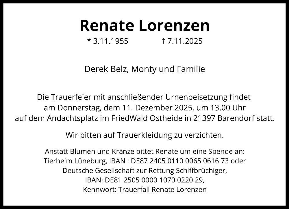  Traueranzeige für Renate Lorenzen vom 22.11.2025 aus Der Insel-Bote