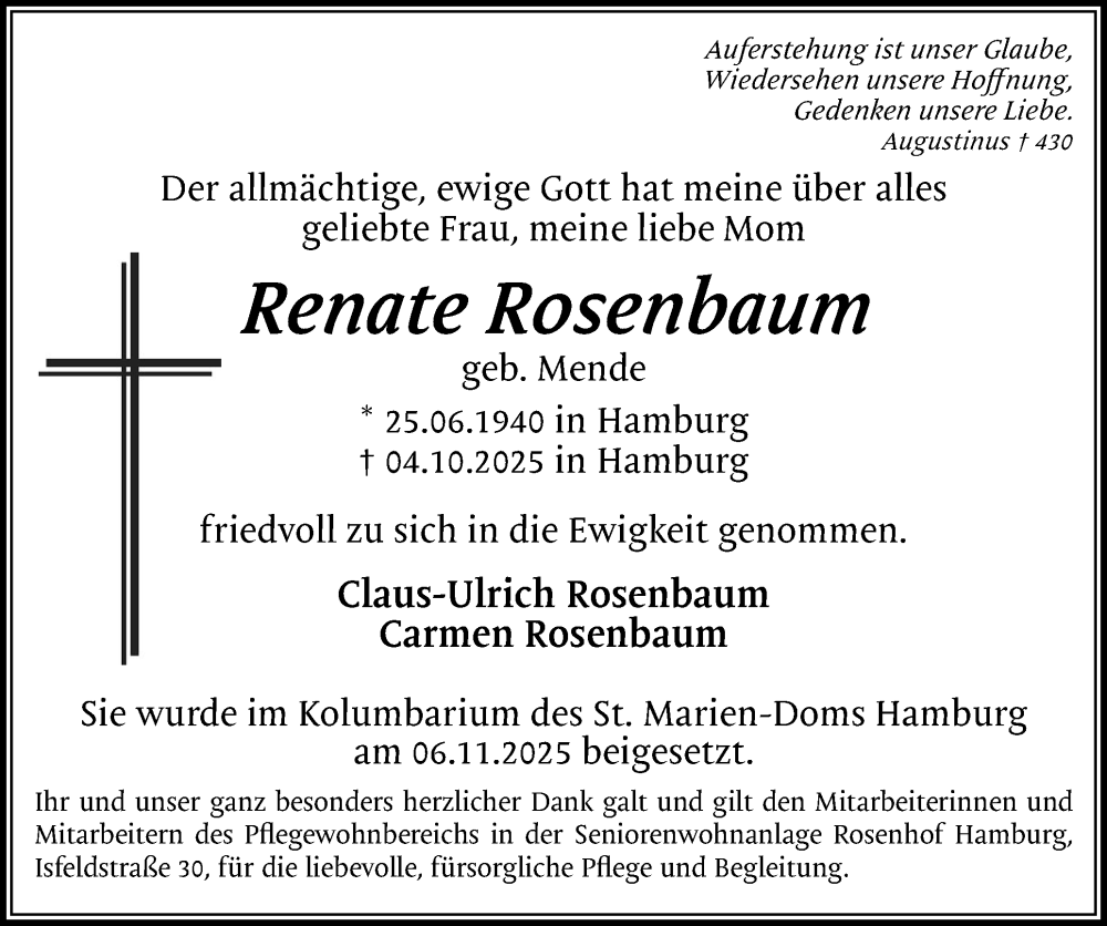  Traueranzeige für Renate Rosenbaum vom 08.11.2025 aus Uetersener Nachrichten, Der tip am Wochenende