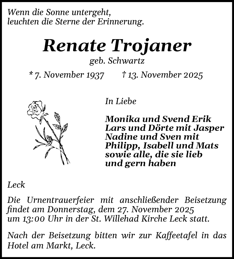  Traueranzeige für Renate Trojaner vom 20.11.2025 aus Husumer Nachrichten, Nordfriesland Tageblatt