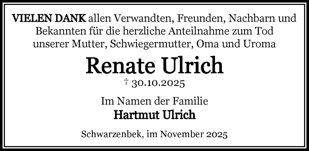  Traueranzeige für Renate Ulrich vom 29.11.2025 aus Wochenend Anzeiger