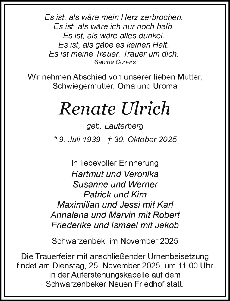  Traueranzeige für Renate Ulrich vom 15.11.2025 aus Wochenend Anzeiger