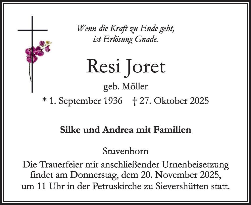  Traueranzeige für Resi Joret vom 15.11.2025 aus Umschau