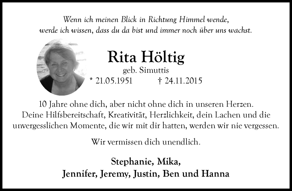  Traueranzeige für Rita Höltig vom 22.11.2025 aus Wochenend Anzeiger