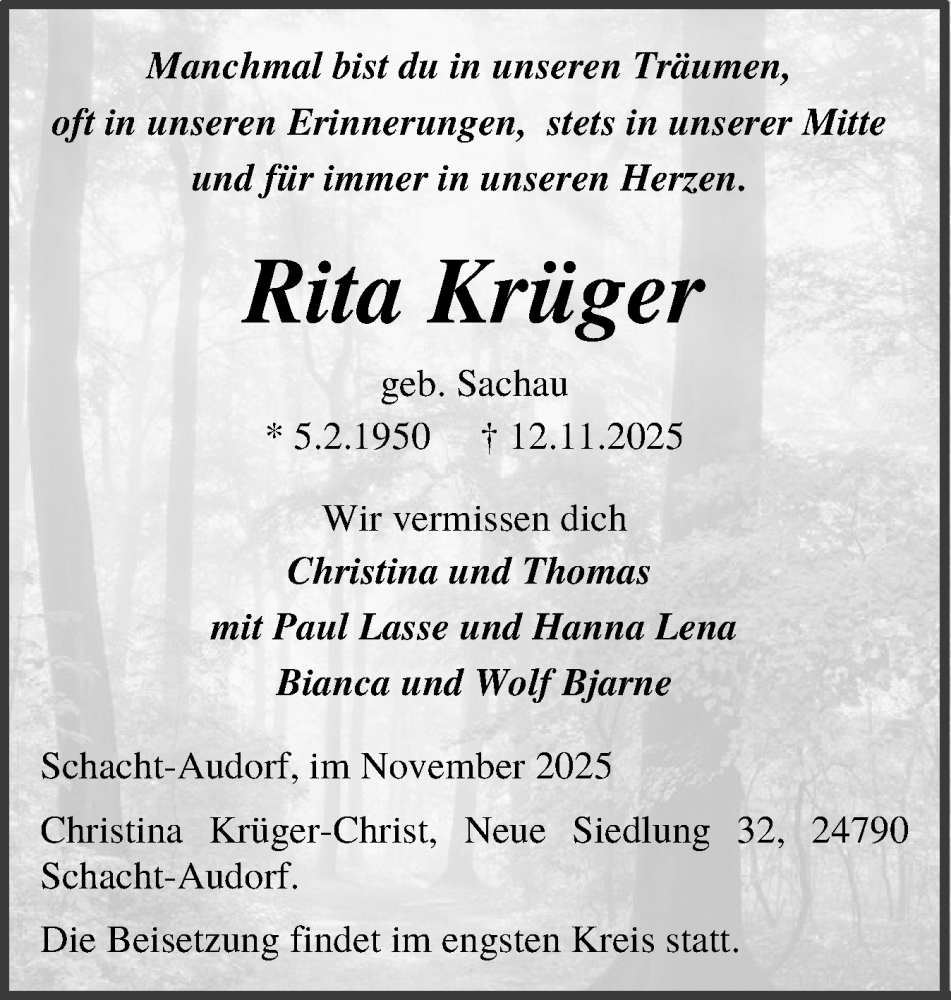  Traueranzeige für Rita Krüger vom 22.11.2025 aus Schleswig-Holsteinische Landeszeitung