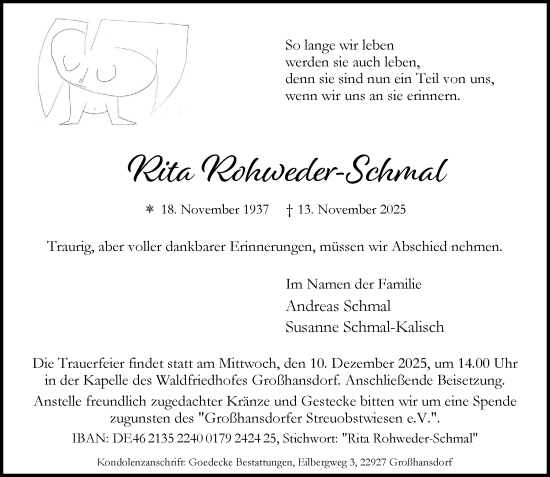 Traueranzeige von Rita Rohweder-Schmal von MARKT Ahrensburg/Bargteheide/Trittau und Stormarner Tageblatt