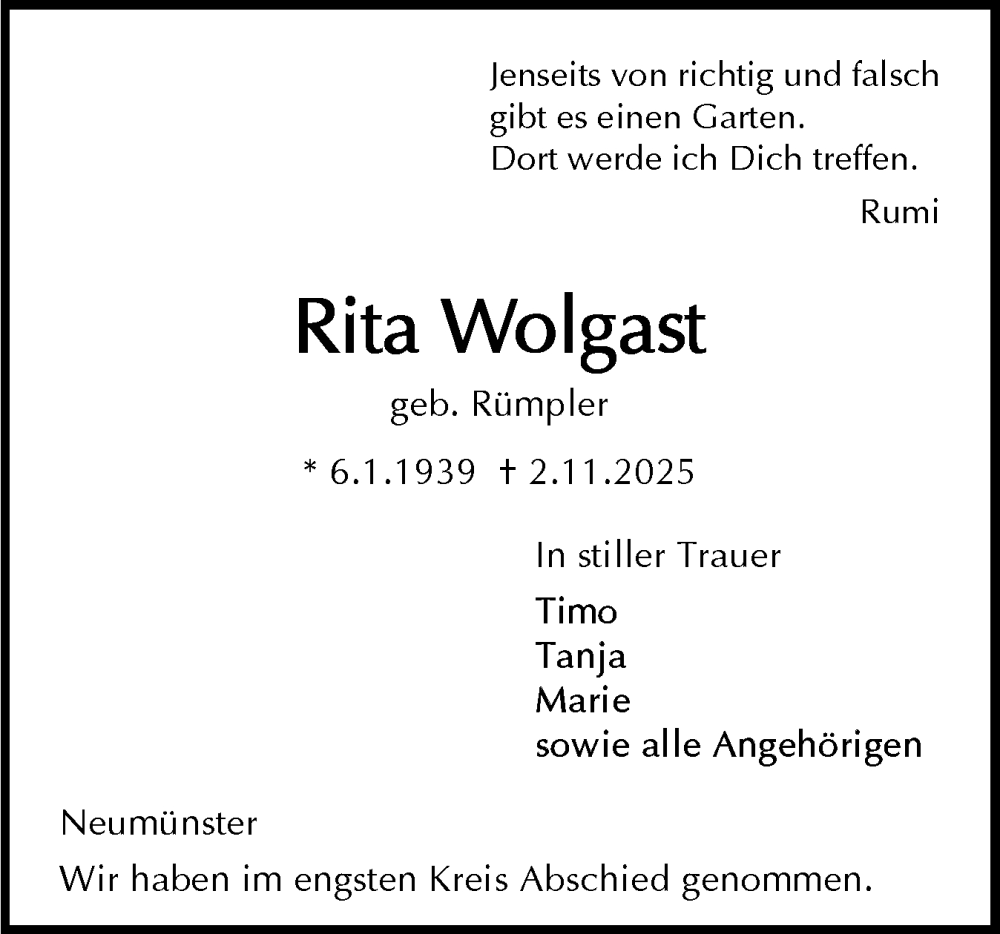  Traueranzeige für Rita Wolgast vom 15.11.2025 aus Holsteinischer Courier