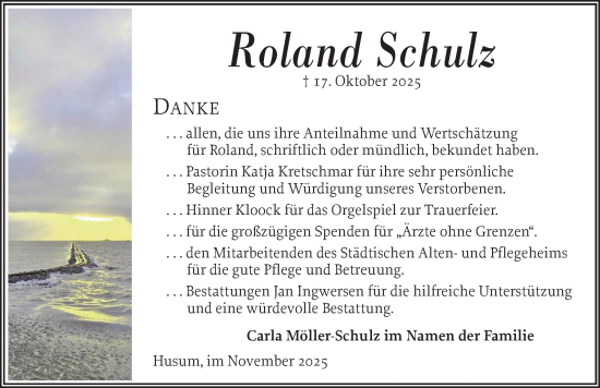 Traueranzeige von Roland Schulz von Husumer Nachrichten, Nordfriesland Tageblatt