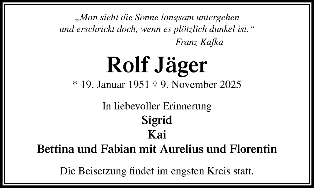  Traueranzeige für Rolf Jäger vom 22.11.2025 aus MARKT Glinde/Reinfeld