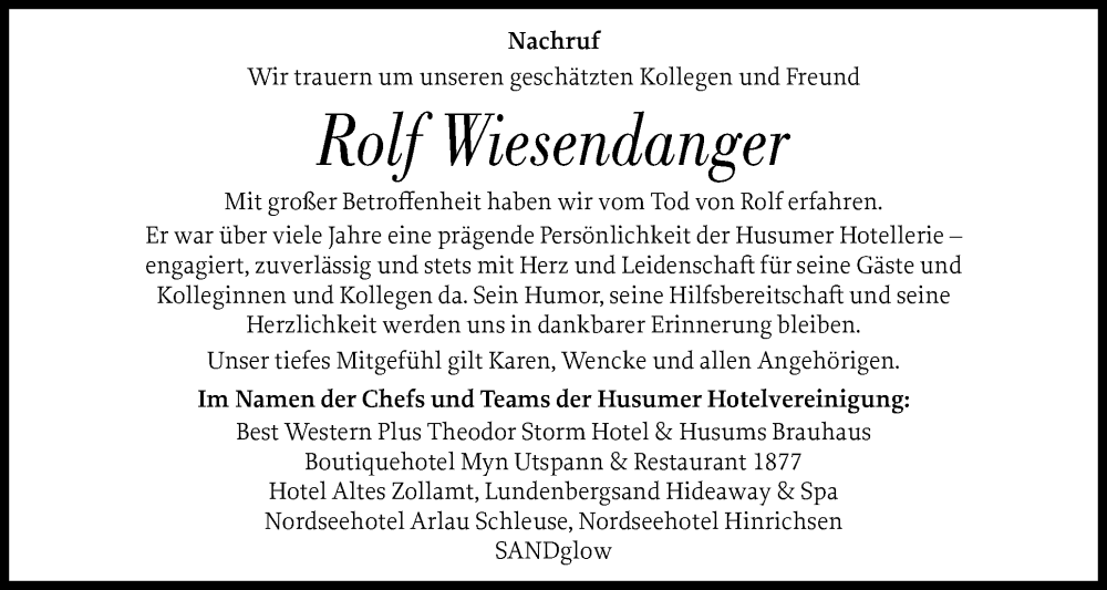 Traueranzeige für Rolf Wiesendanger vom 07.11.2025 aus Husumer Nachrichten, Nordfriesland Tageblatt