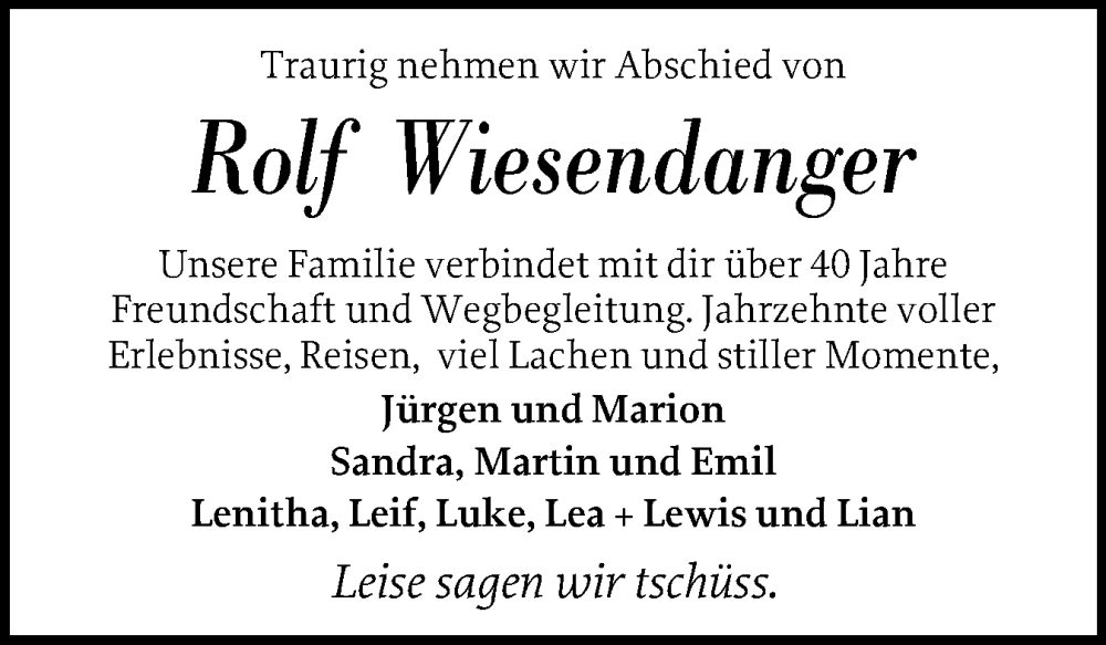  Traueranzeige für Rolf Wiesendanger vom 07.11.2025 aus Husumer Nachrichten, Nordfriesland Tageblatt
