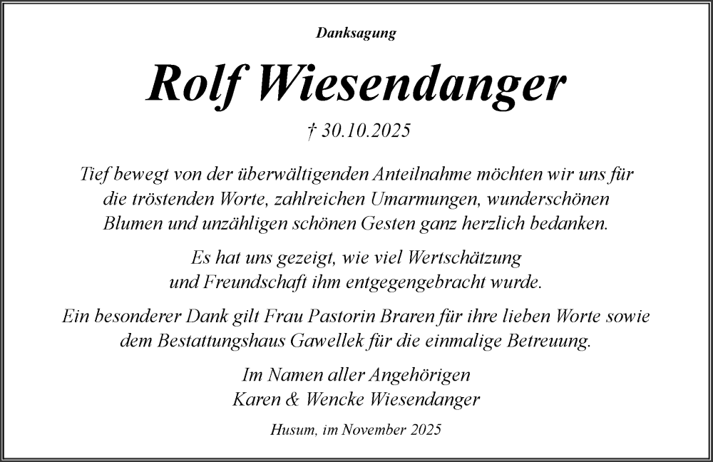  Traueranzeige für Rolf Wiesendanger vom 28.11.2025 aus Husumer Nachrichten, Nordfriesland Tageblatt