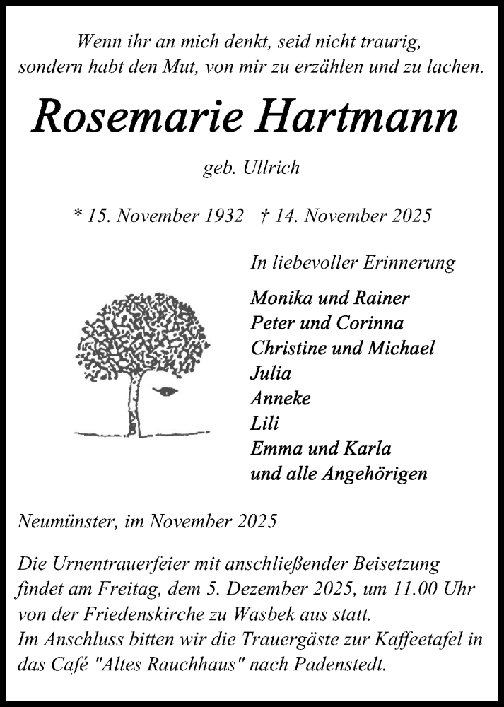  Traueranzeige für Rosemarie Hartmann vom 29.11.2025 aus Holsteinischer Courier