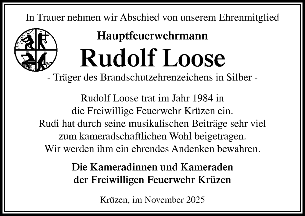  Traueranzeige für Rudolf Loose vom 29.11.2025 aus Wochenend Anzeiger