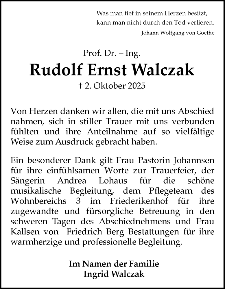  Traueranzeige für Rudolf Ernst Walczak vom 15.11.2025 aus Flensburger Tageblatt