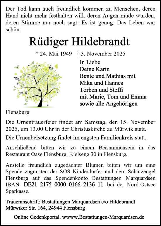 Traueranzeige von Rüdiger Hildebrandt von Flensburger Tageblatt
