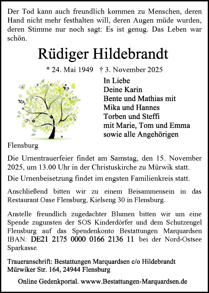  Traueranzeige für Rüdiger Hildebrandt vom 08.11.2025 aus Flensburger Tageblatt