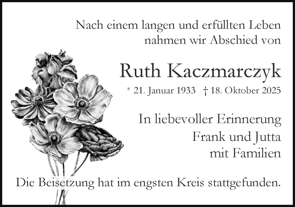  Traueranzeige für Ruth Kaczmarczyk vom 15.11.2025 aus Region Pinneberg und tip Pinneberg