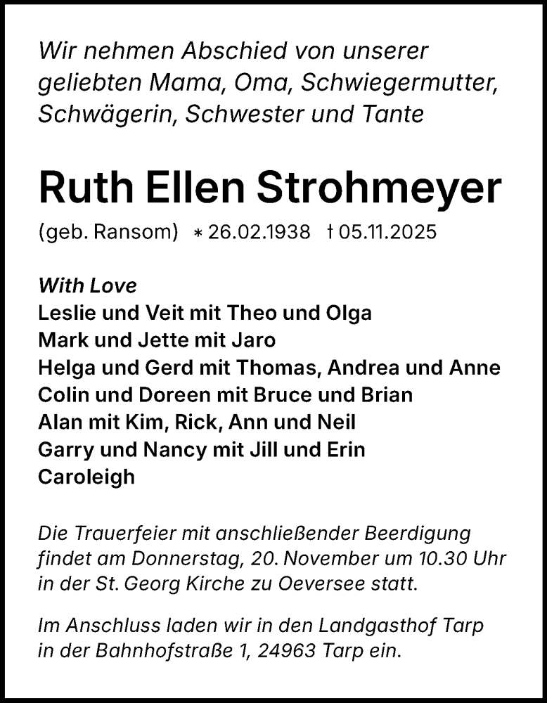  Traueranzeige für Ruth Ellen Strohmeyer vom 15.11.2025 aus Flensburger Tageblatt
