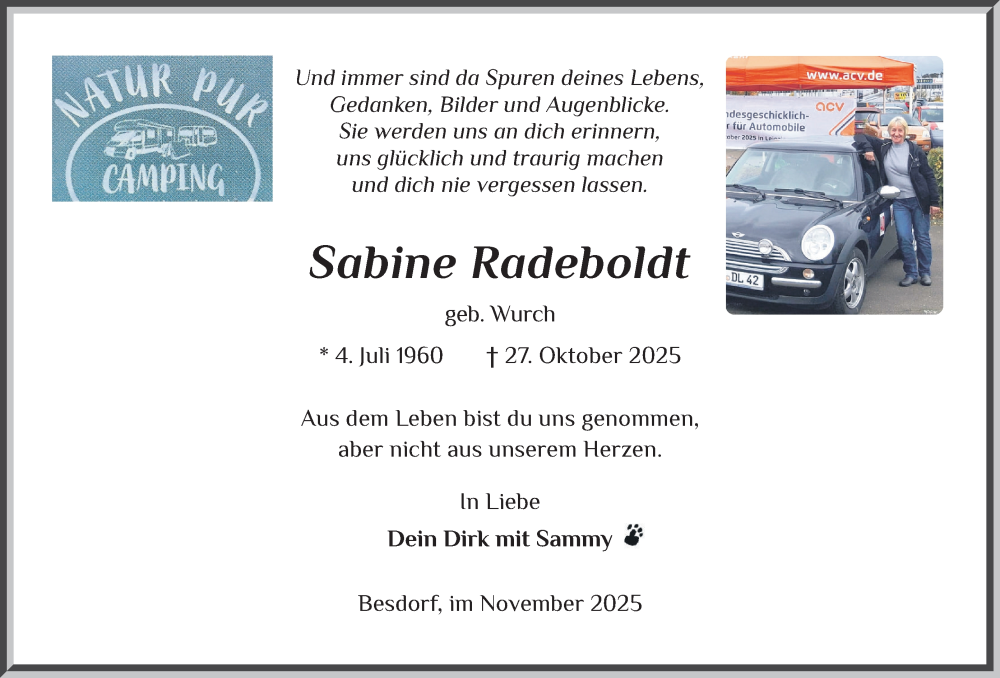  Traueranzeige für Sabine Radeboldt vom 15.11.2025 aus Norddeutsche Rundschau, Wilstersche Zeitung, Glückstädter Fortuna