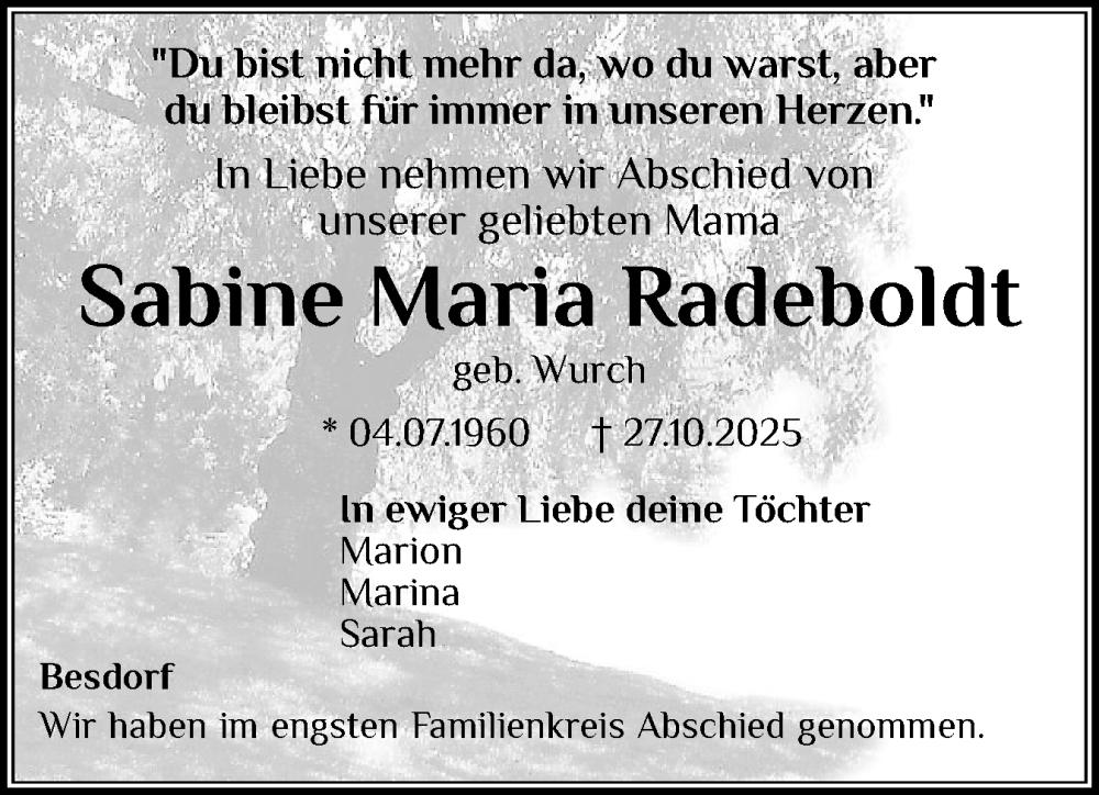  Traueranzeige für Sabine Maria Radeboldt vom 15.11.2025 aus Norddeutsche Rundschau, Wilstersche Zeitung, Glückstädter Fortuna