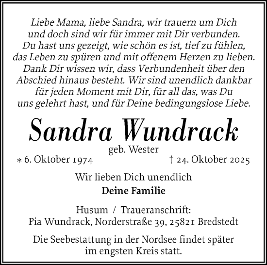 Traueranzeige von Sandra Wundrack von Husumer Nachrichten, Nordfriesland Tageblatt