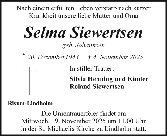 Traueranzeige von Selma Siewertsen von Husumer Nachrichten, Nordfriesland Tageblatt