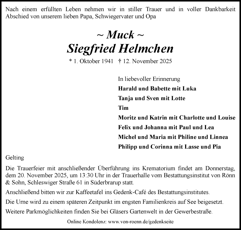  Traueranzeige für Siegfried Helmchen vom 15.11.2025 aus Schleswiger Nachrichten, Schlei-Bote
