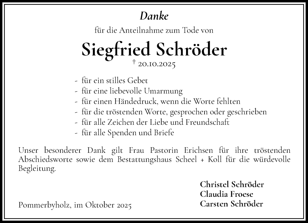  Traueranzeige für Siegfried Schröder vom 08.11.2025 aus Eckernförder Zeitung, Hallo Eckernförde