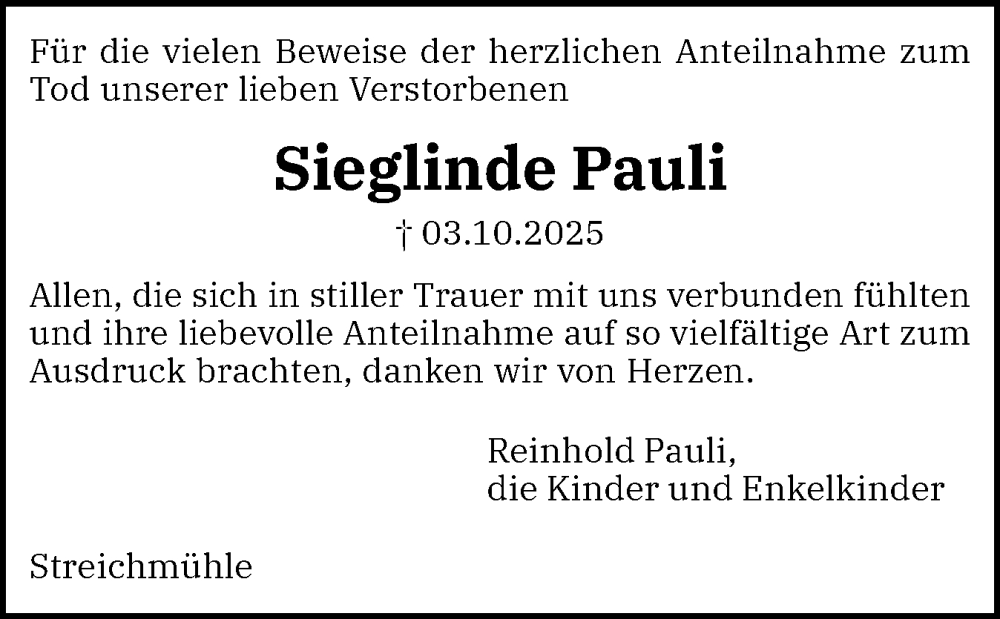  Traueranzeige für Sieglinde Pauli vom 08.11.2025 aus Flensburger Tageblatt