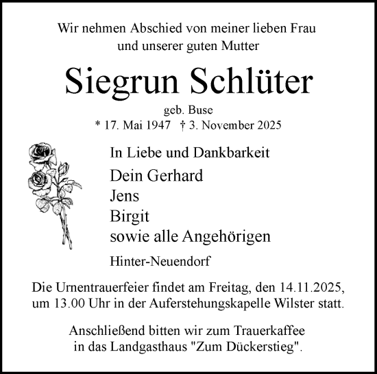 Traueranzeige von Siegrun Schlüter von Norddeutsche Rundschau, Wilstersche Zeitung, Glückstädter Fortuna