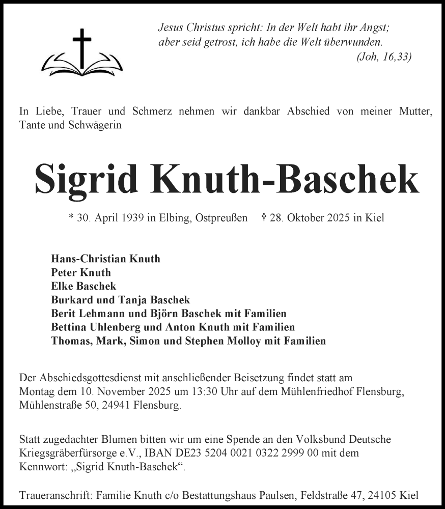  Traueranzeige für Sigrid Knuth-Baschek vom 05.11.2025 aus Schleswiger Nachrichten, Schlei-Bote