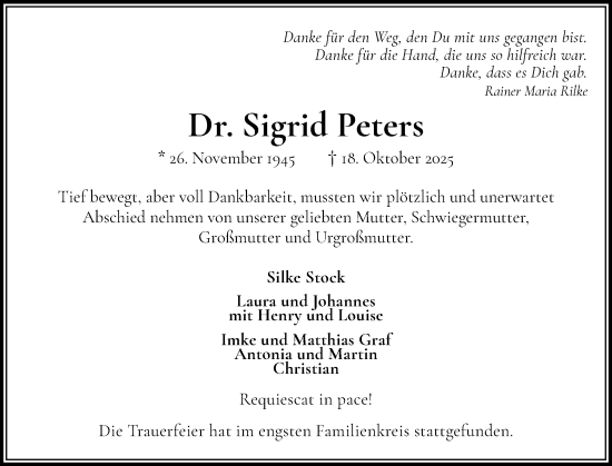 Traueranzeige von Sigrid Peters von Elmshorner Nachrichten, Barmstedter Zeitung
