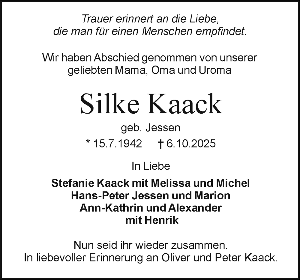  Traueranzeige für Silke Kaack vom 08.11.2025 aus Holsteinischer Courier