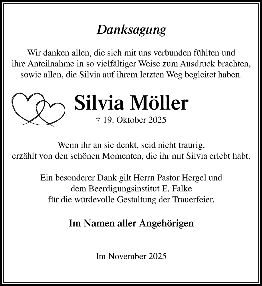  Traueranzeige für Silvia Möller vom 22.11.2025 aus MARKT Ahrensburg/Bargteheide/Trittau und Stormarner Tageblatt