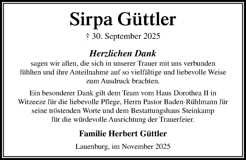 Traueranzeige für Sirpa Güttler vom 08.11.2025 aus Wochenend Anzeiger