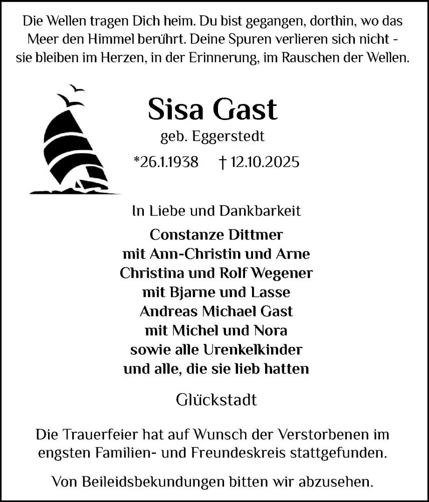  Traueranzeige für Sisa Gast vom 15.11.2025 aus Norddeutsche Rundschau, Wilstersche Zeitung, Glückstädter Fortuna