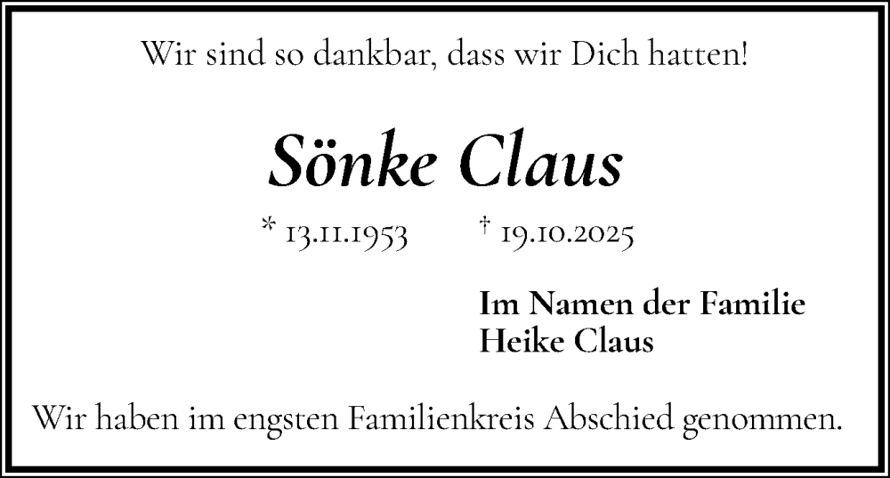  Traueranzeige für Sönke Claus vom 15.11.2025 aus Schleswiger Nachrichten, Schlei-Bote