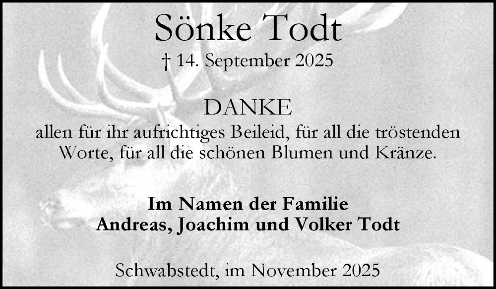  Traueranzeige für Sönke Todt vom 08.11.2025 aus Husumer Nachrichten, Nordfriesland Tageblatt