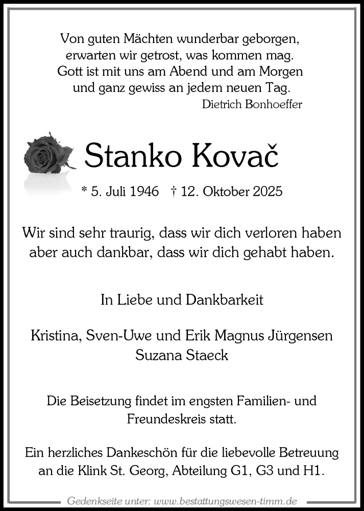  Traueranzeige für Stanko Kovač vom 22.11.2025 aus Region Pinneberg und tip Pinneberg