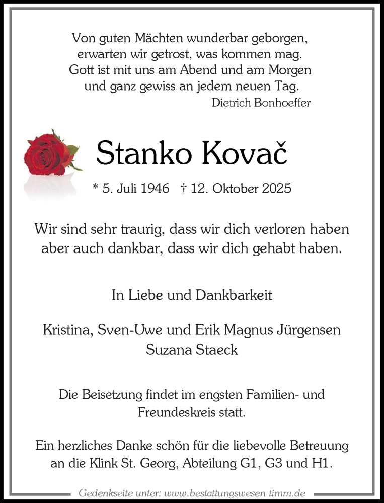  Traueranzeige für Stanko Kovač vom 22.11.2025 aus Umschau
